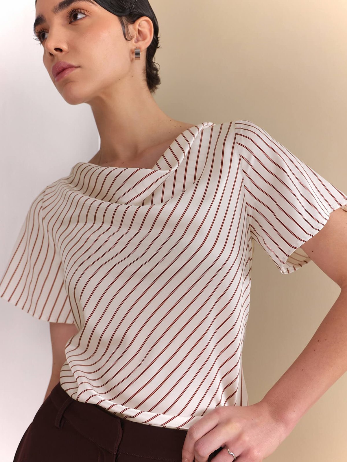 White Satin Striped Cowl Neck Top