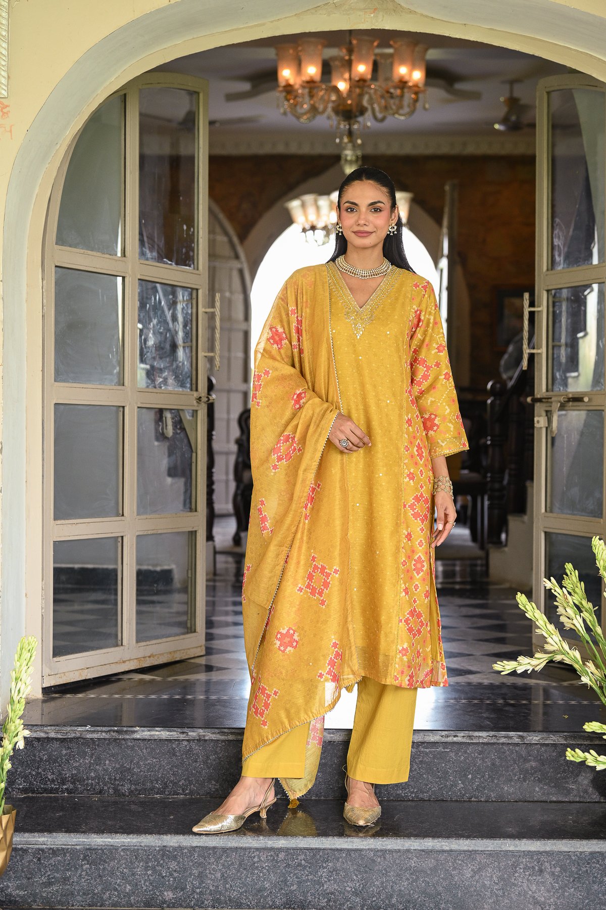 Yellow Patola Gota Work Chanderi Suit Set