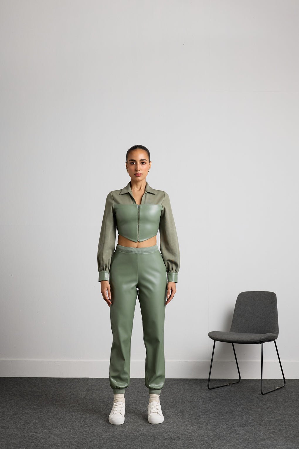Smoke Green Leather Corset Top and Joggers Co-ord Set