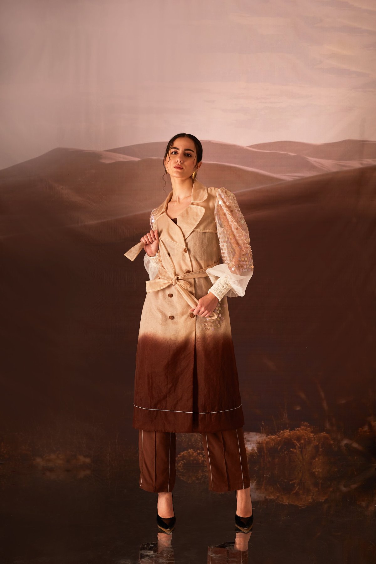 Brown/Creme Ombre Sequin Sleeve Trench Coat