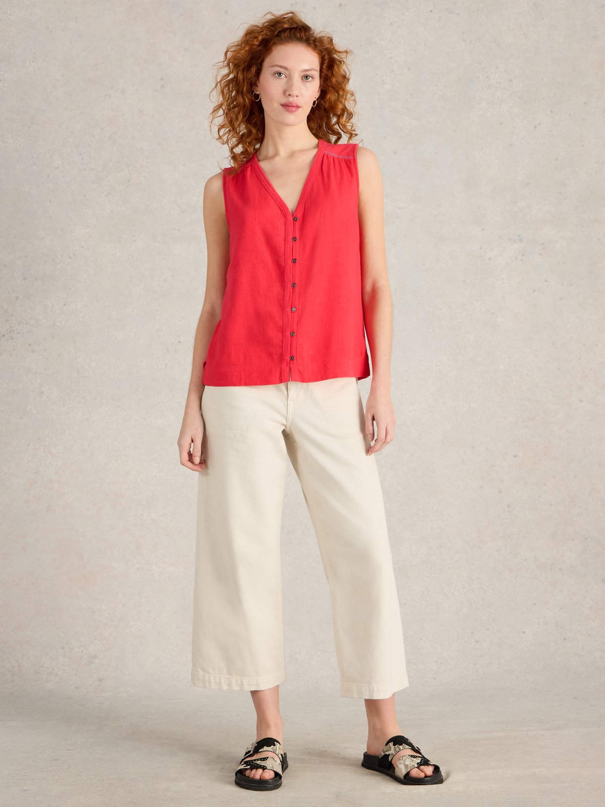 Bright Pink Sleeveless V-Neck Button-Through Top