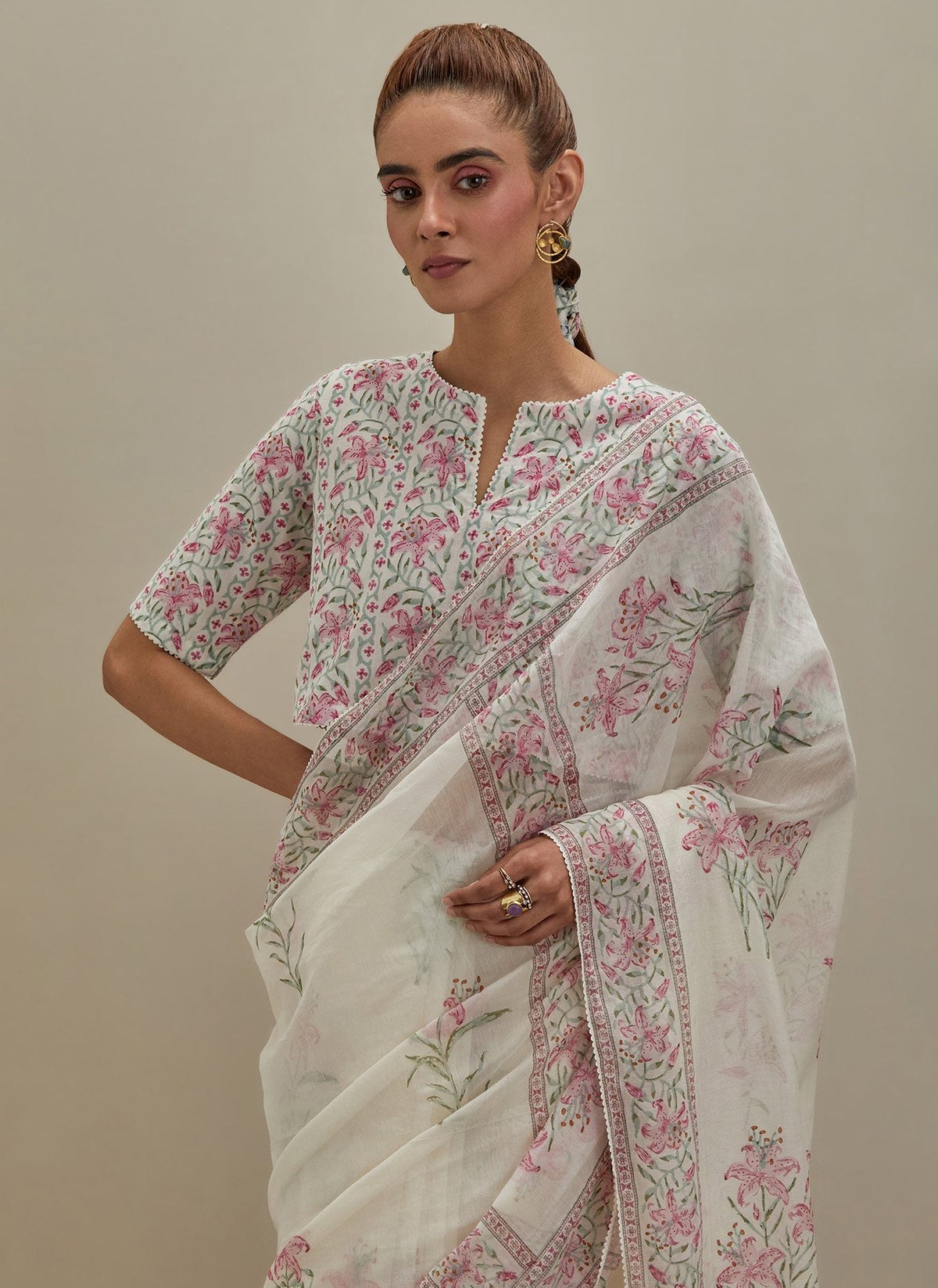 Off White Cotton Blouse Block Print