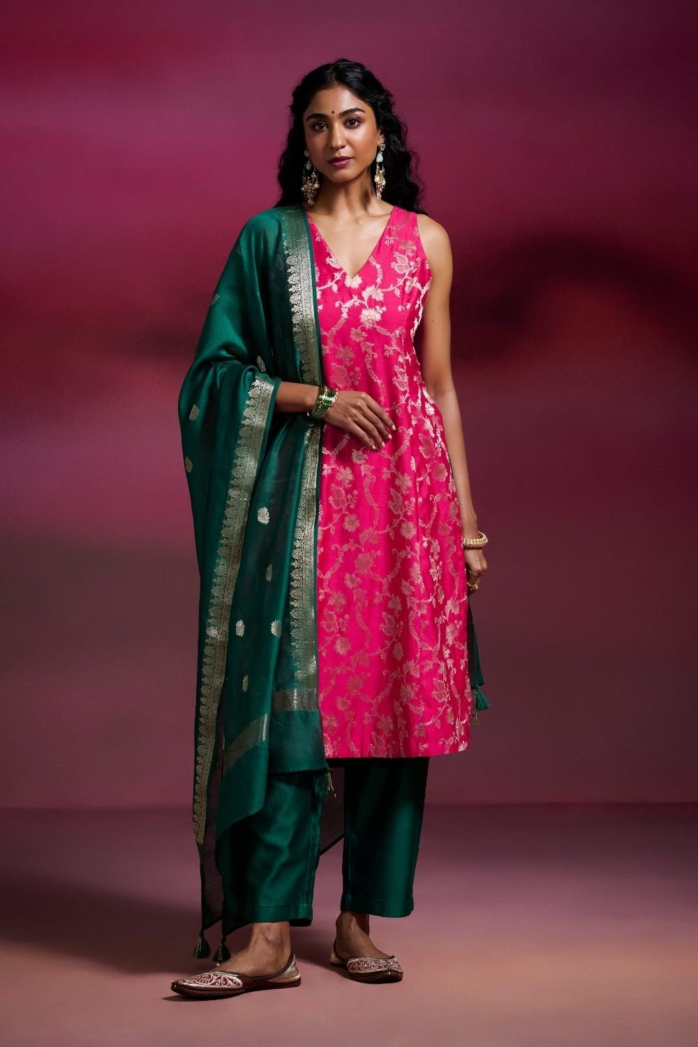 Rani Pink Banarasi Silk Brocade Sleeveless Kurta Set