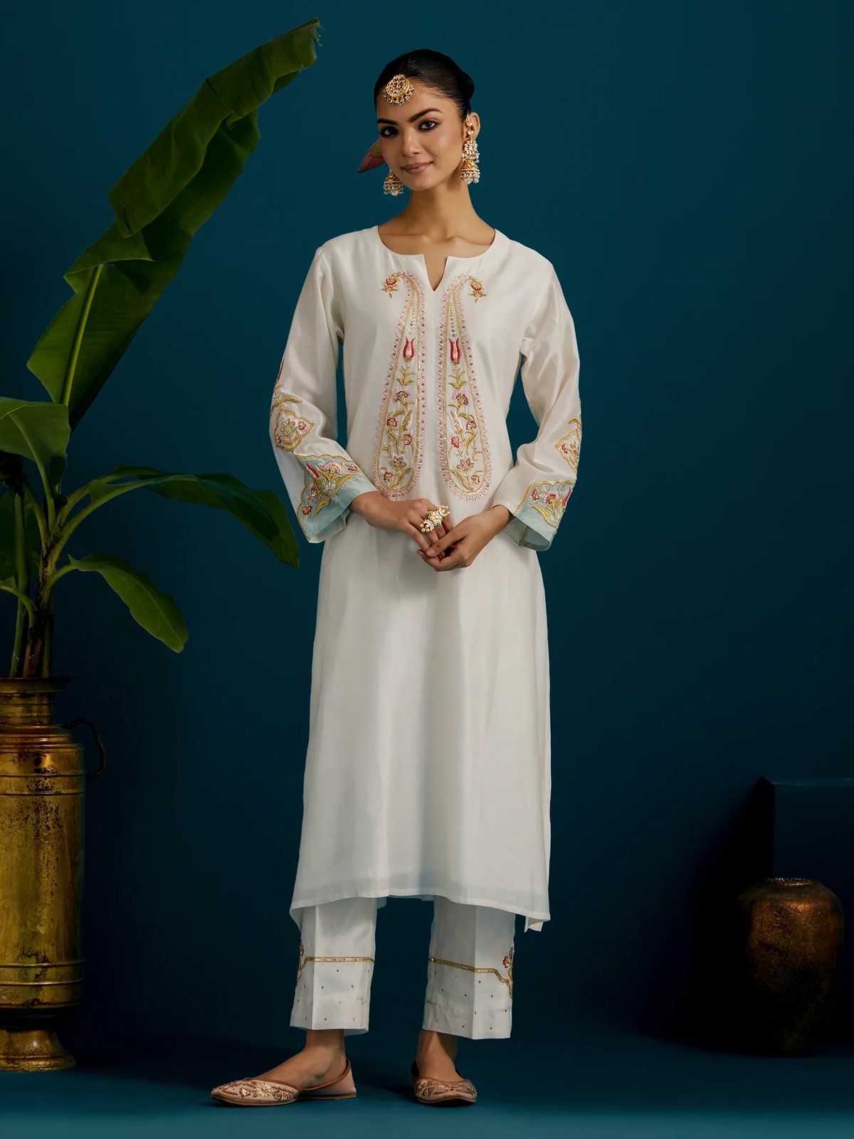 Ivory Silk Chanderi Embroidered Kurta and Pant Set