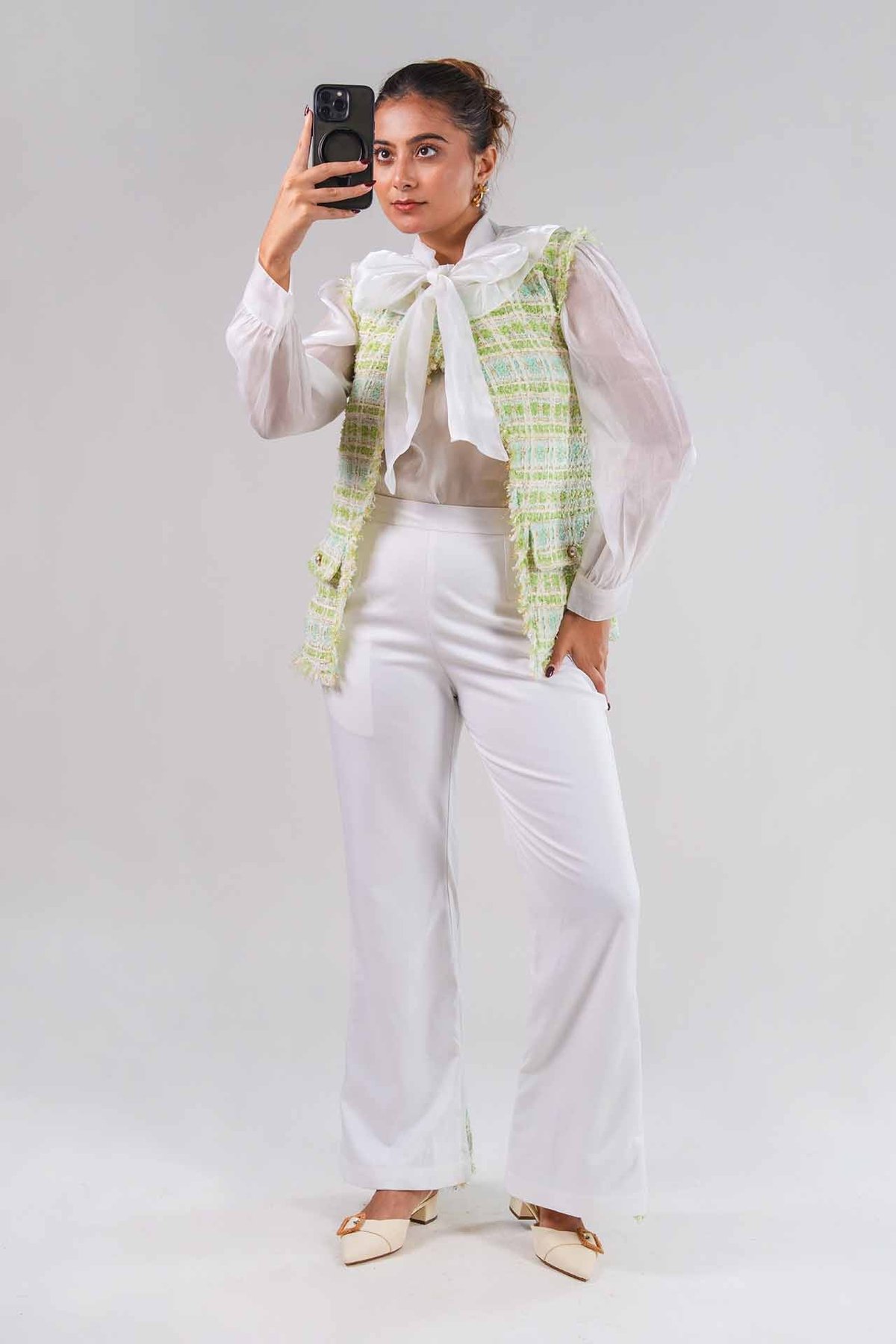 Mint Tweed Bow-Tie Shirt and Flared Trouser Co-ord Set