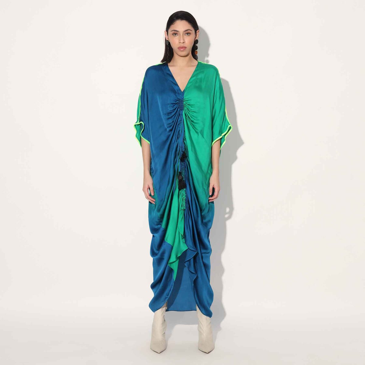 Green/Blue Ombre Ruched Kaftan Maxi Dress