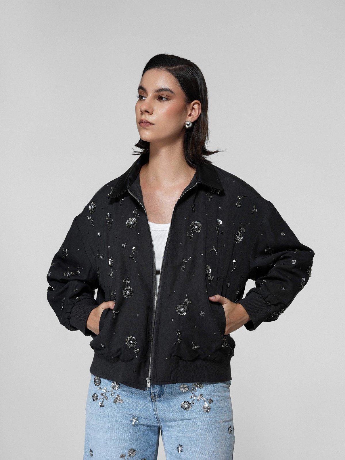 Dark Grey Floral Beaded Bomber Jacket