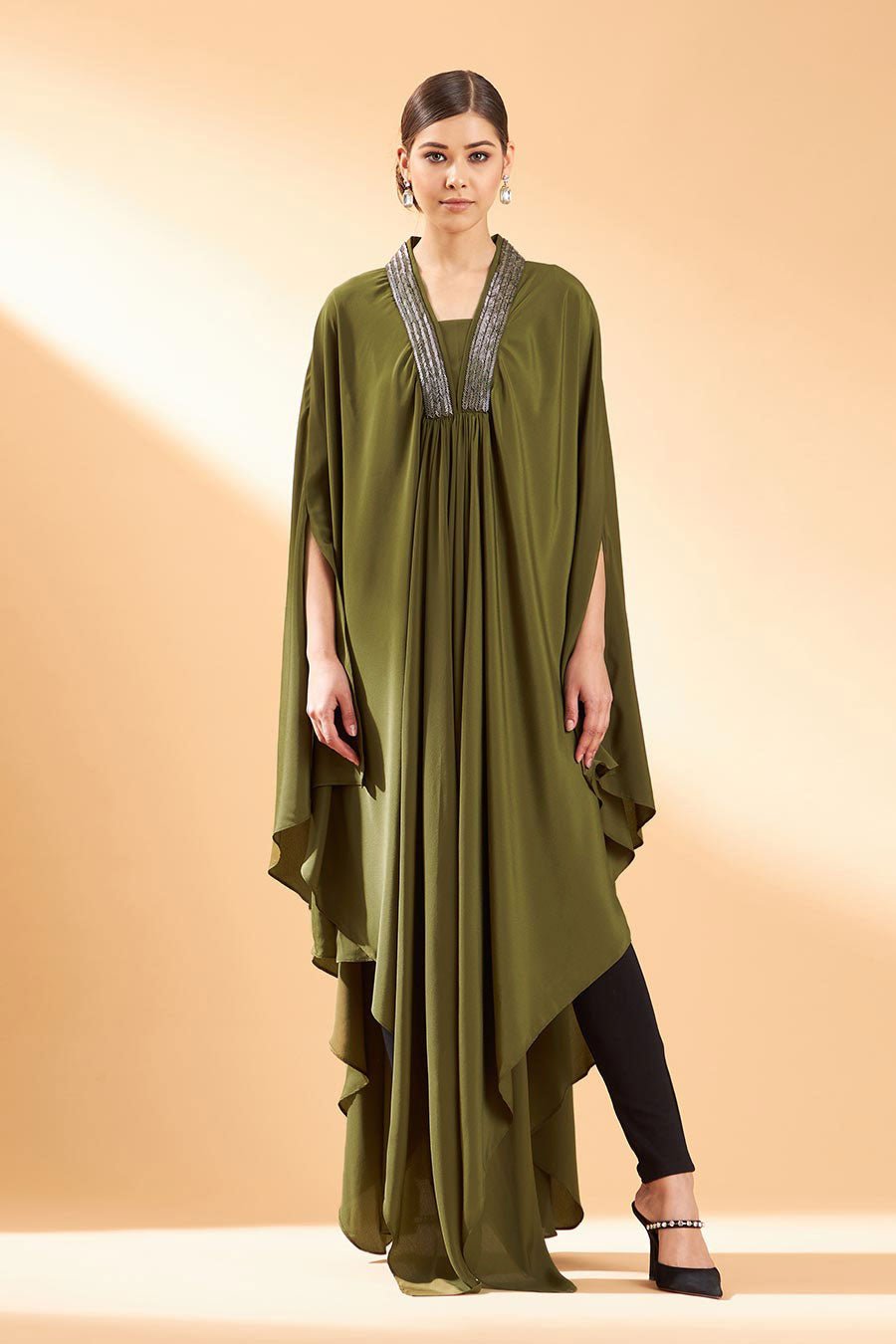 Olive Silk Crepe Asymmetrical Kaftan Kurta
