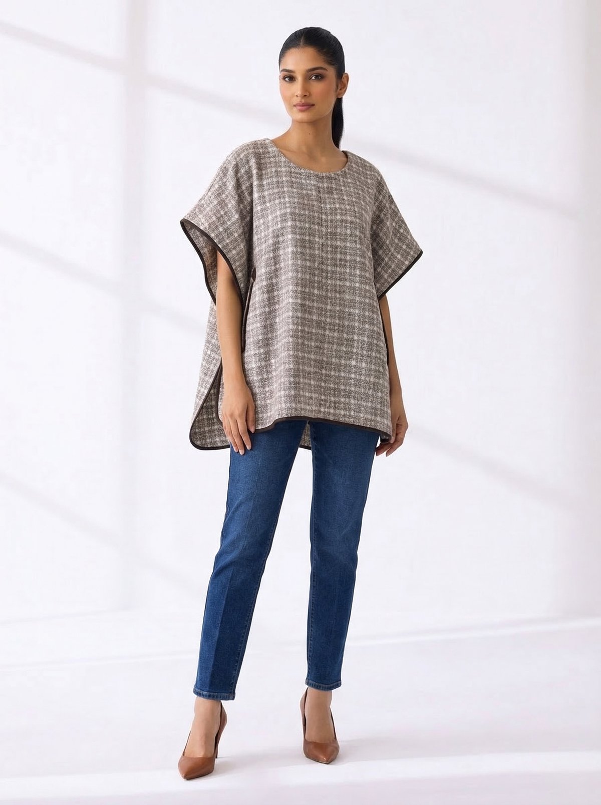 Brown Merino Wool Checked Cape with Tie Belt