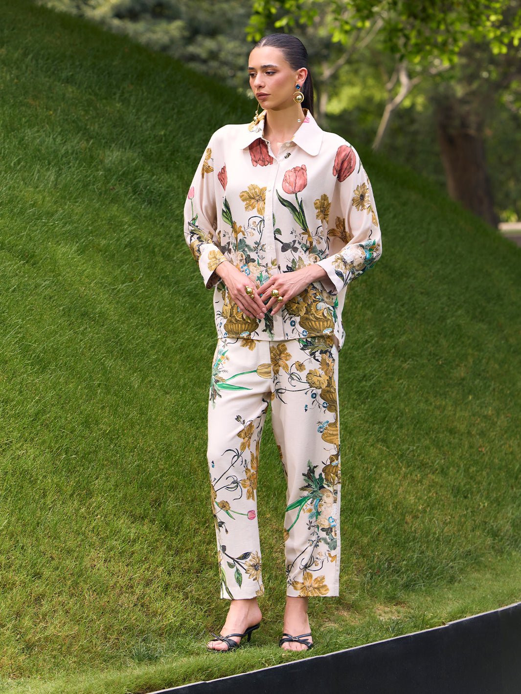 Beige Botanical Print Straight-Leg Trousers