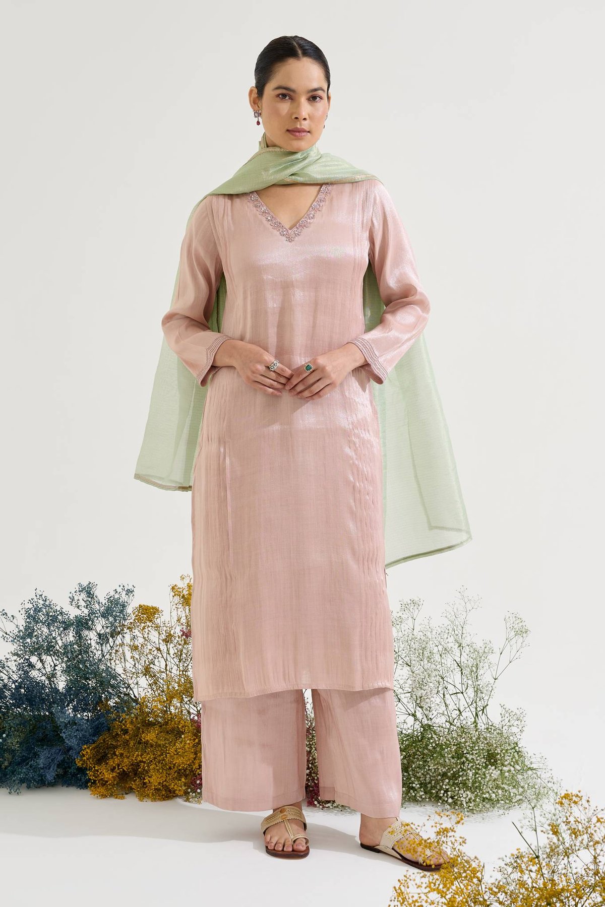 Rose Tissue Straight Kurta Set with Wide Leg Pants