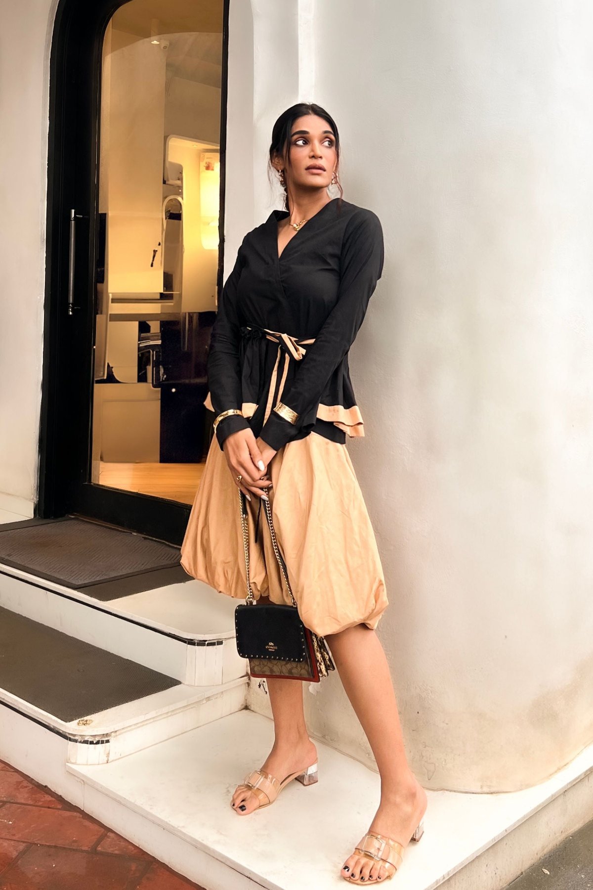Black Belted Wrap Cotton Top with Balloon Skirt