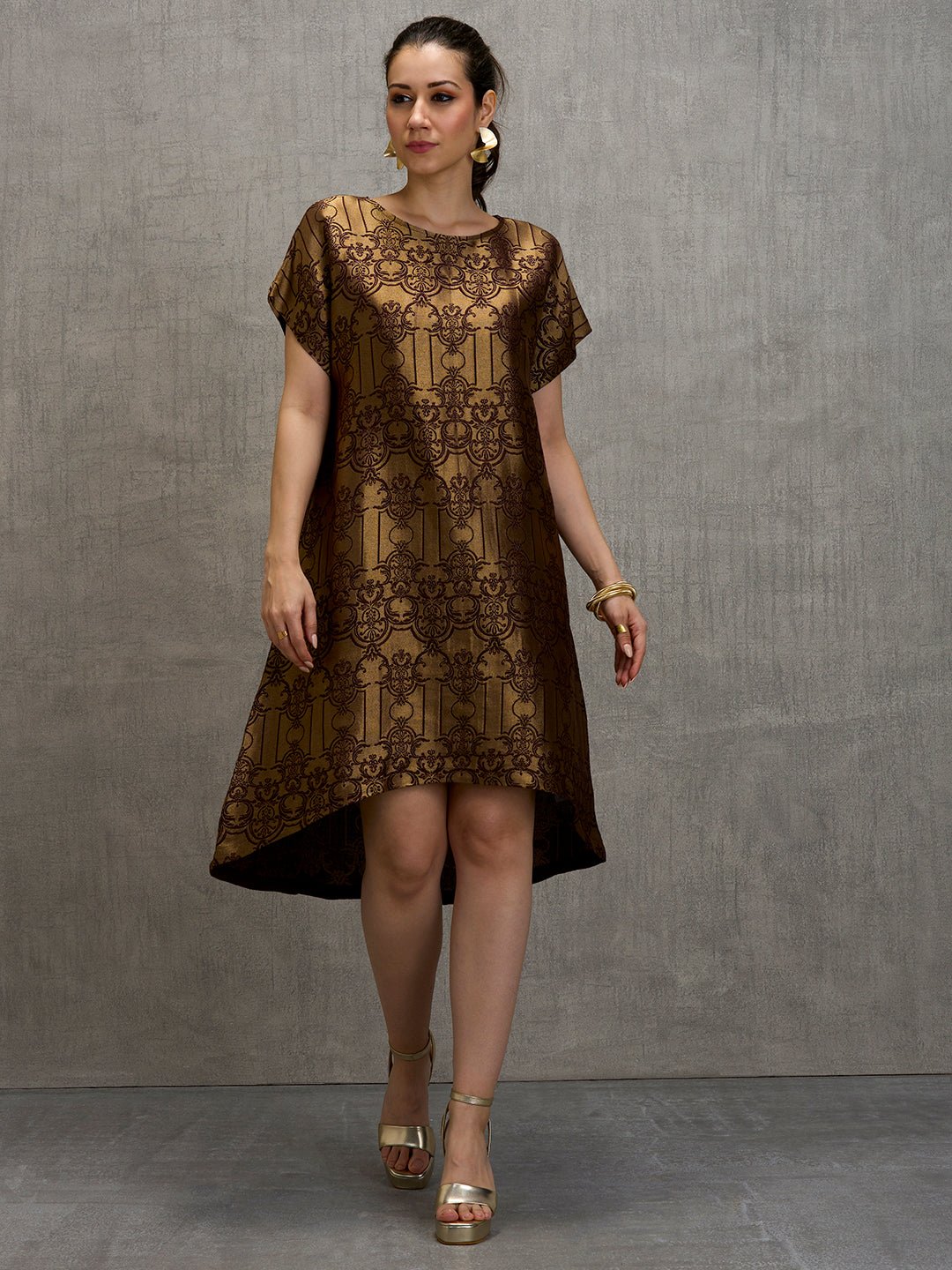 Black Gold Metallic Brocade High-Low A-Line Dress