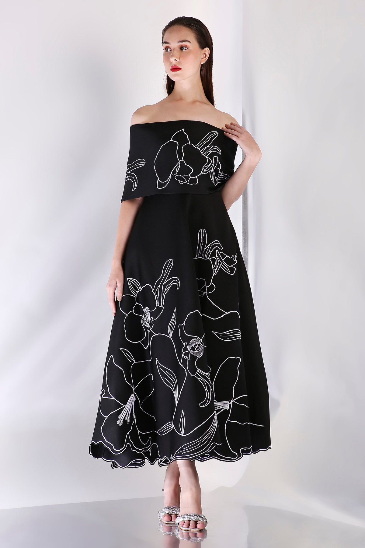Black Neoprene Off-Shoulder Fit and Flare Midi Dress