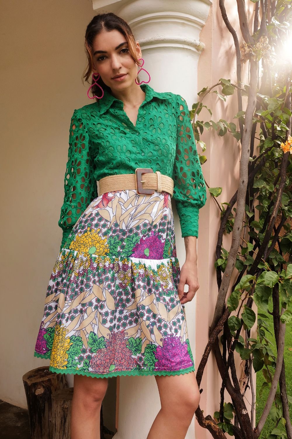 Emerald Green Cutwork Shirt Dress with Floral Skirt
