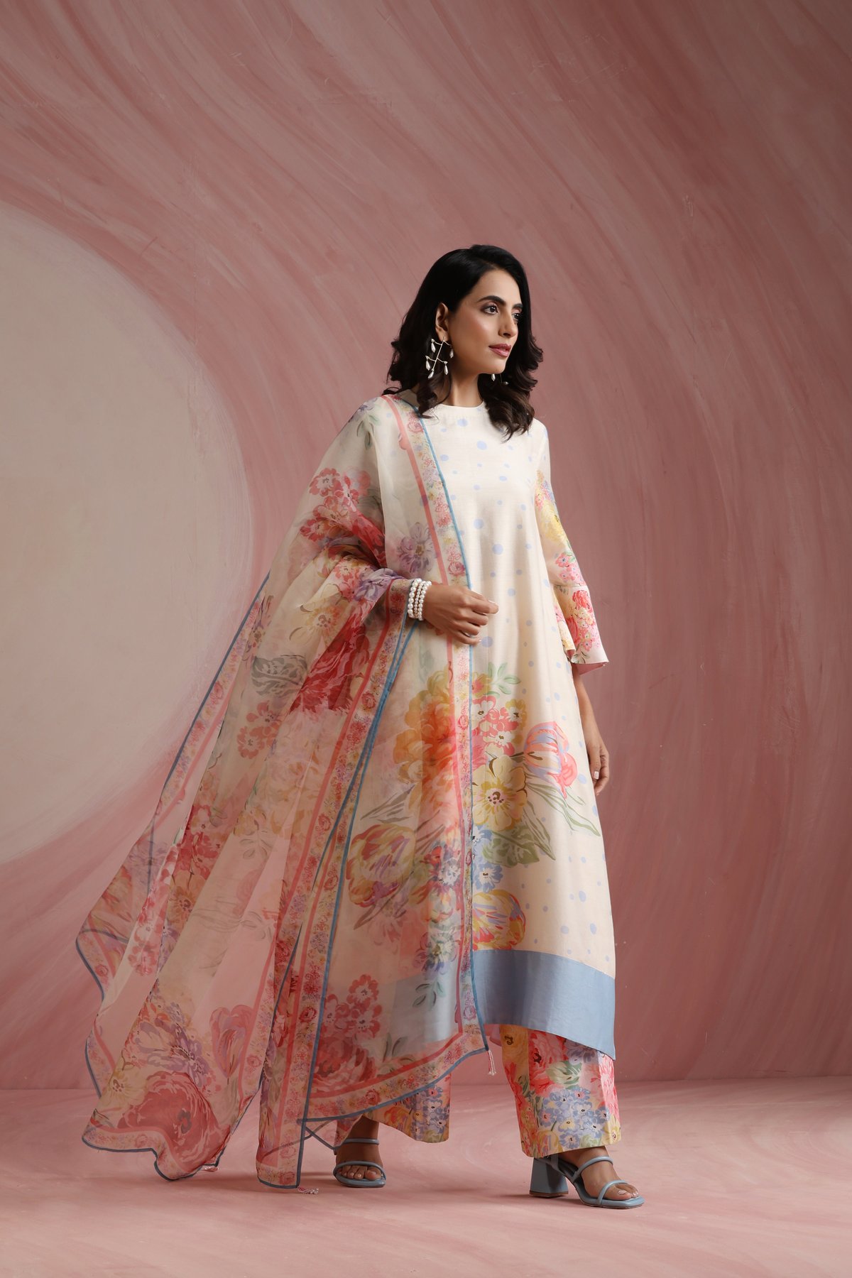 Ivory Chanderi A-Line Printed Kurta Set with Trousers