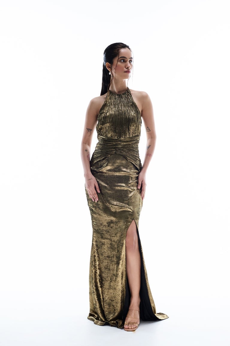 Metallic Gold Halter Neck Ruched Maxi Gown