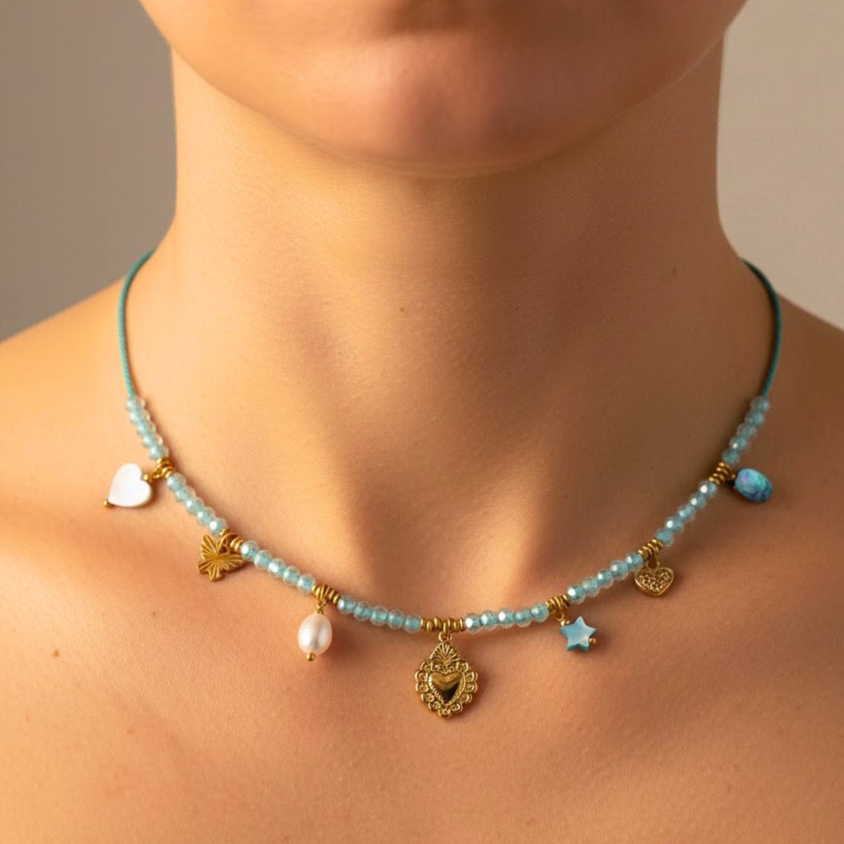 Steel Heart Beads & Butterfly Charm Rope Necklace