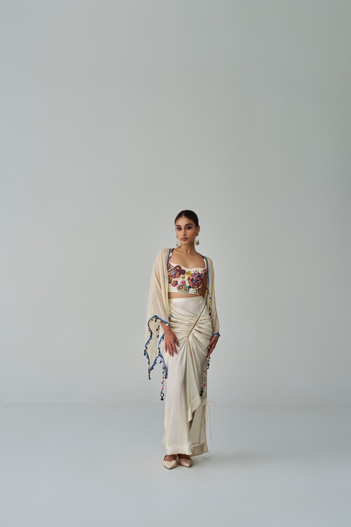 Ivory Sheer Chiffon Cape with Mirror Work Border