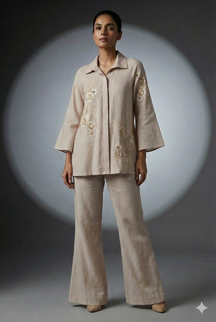 Beige Linen Embroidered Shirt and Pants Co-ord Set