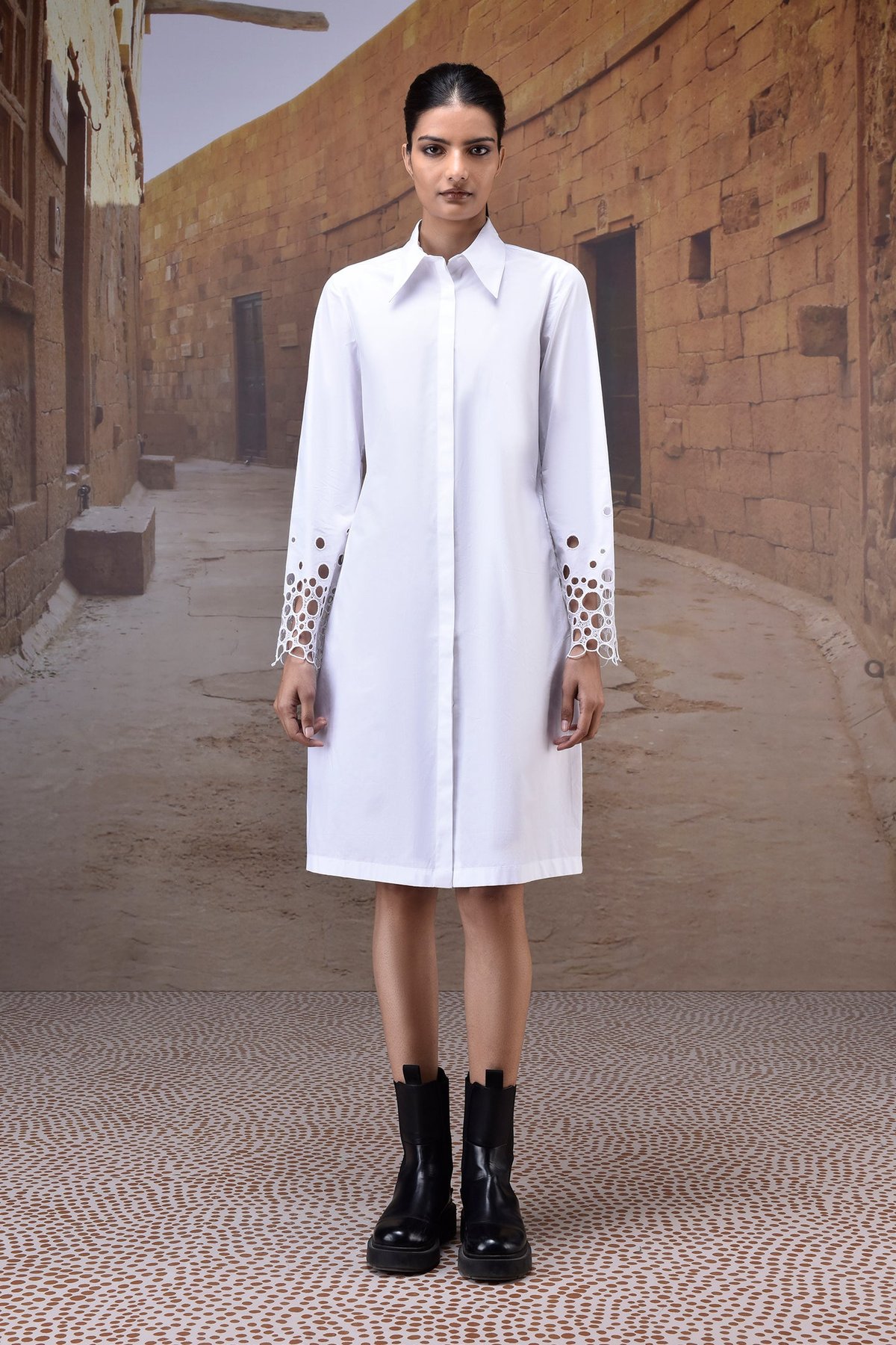 White Poplin Shirt Dress with Cutwork Sleeves