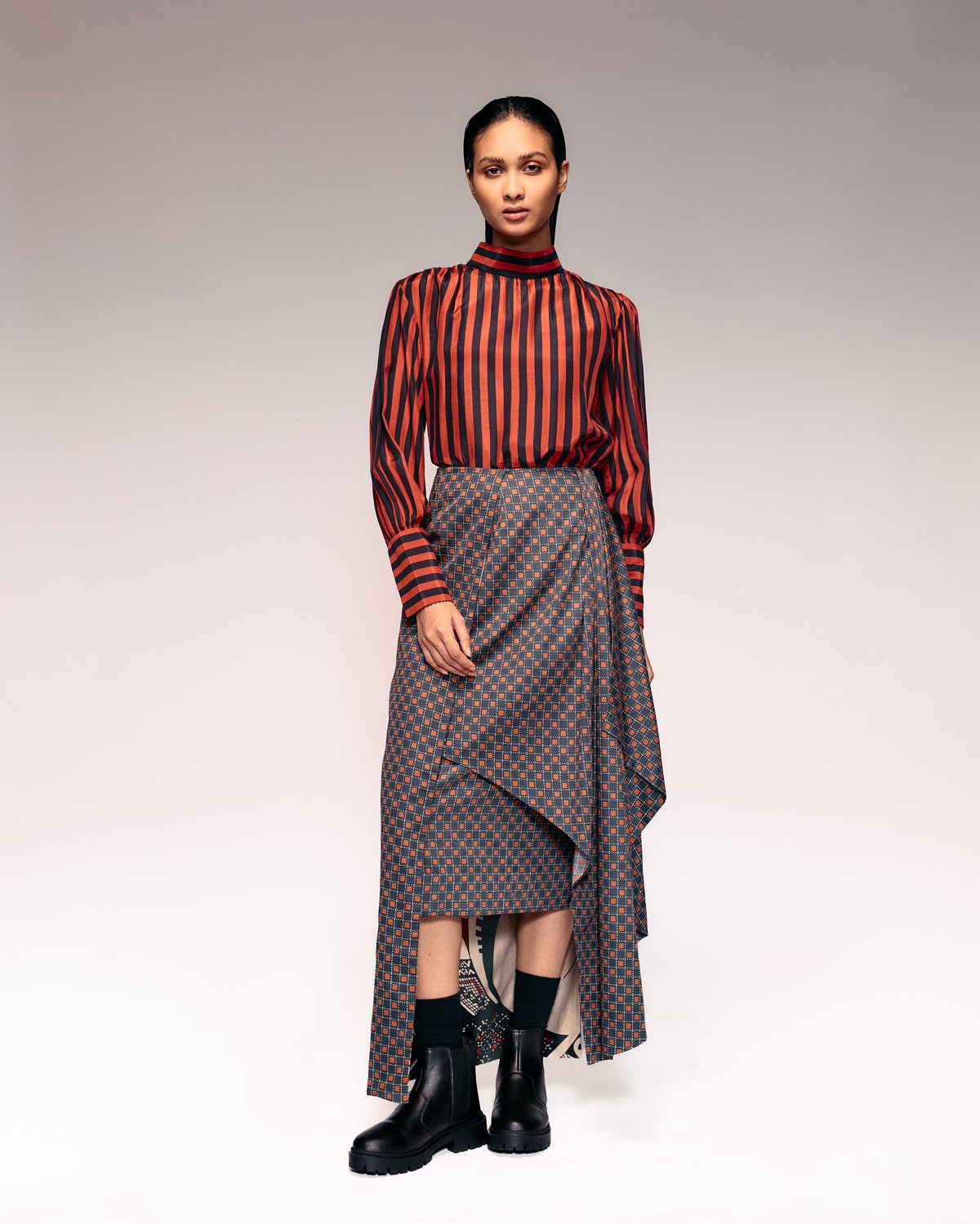 Rust Black Check Drape Skirt