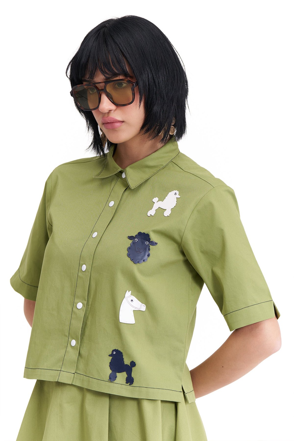 Golden Lime Cropped Cotton Twill Shirt with Appliqué Motifs