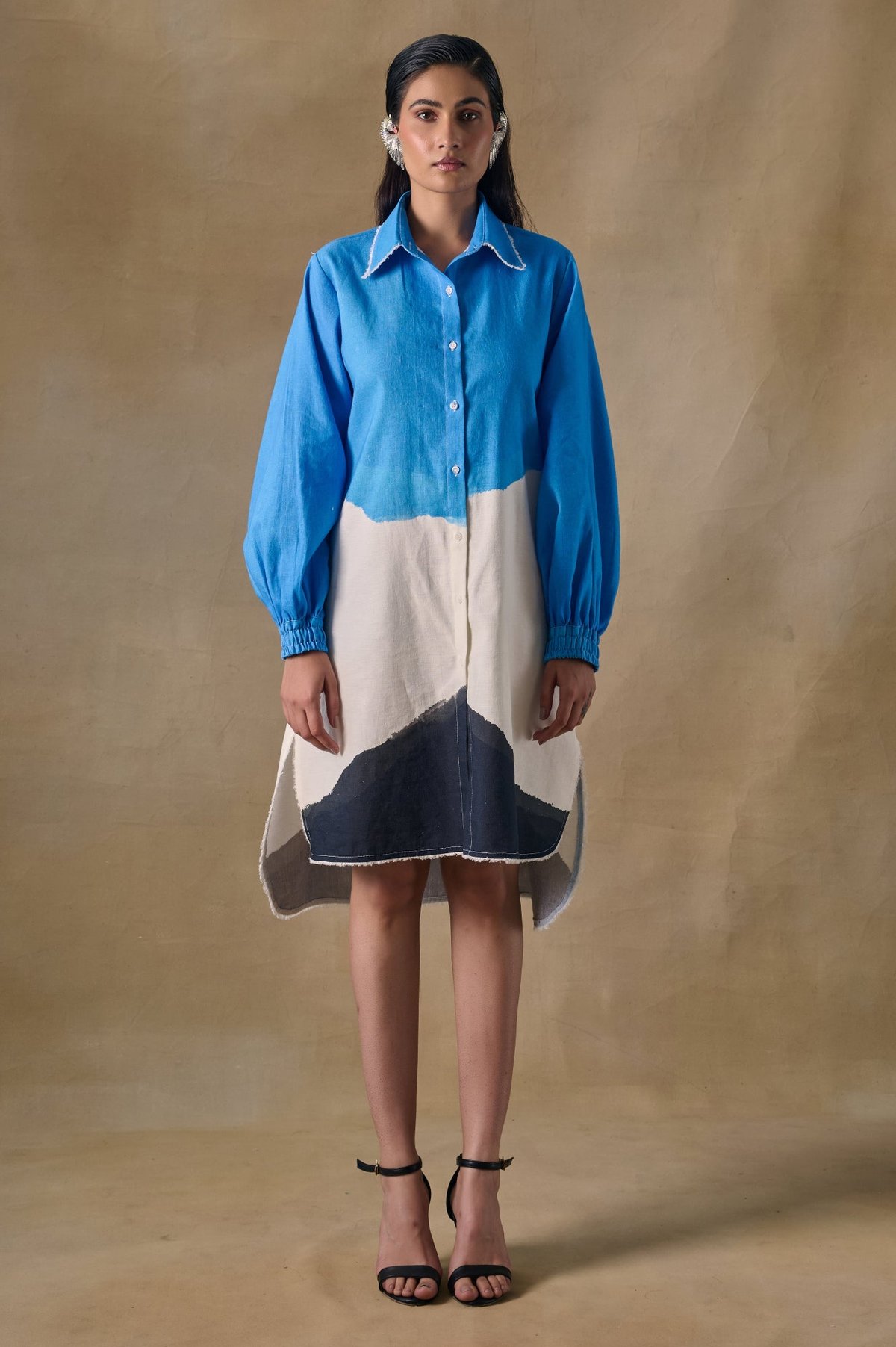 Blue Wash Linen Midi Shirt Dress with Back Drawstring