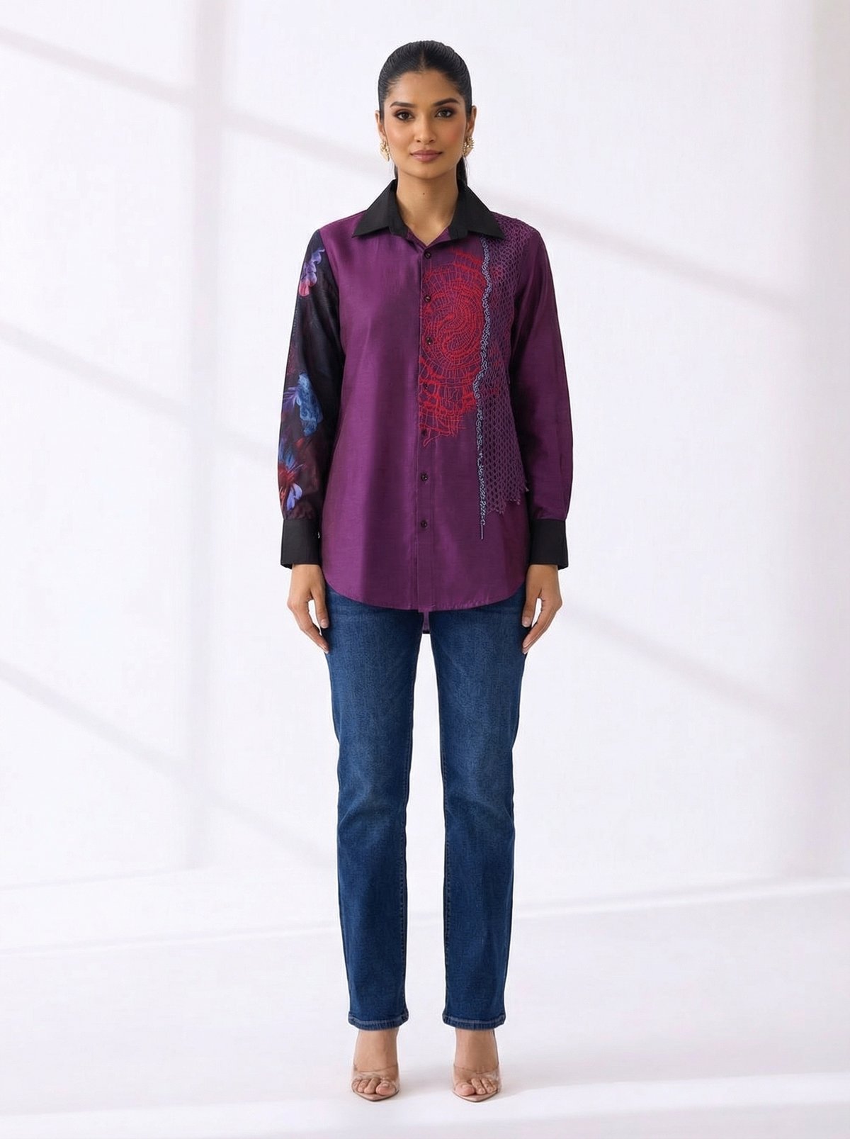 Purple Silk Printed Button-Down Shirt with Contrast Collar