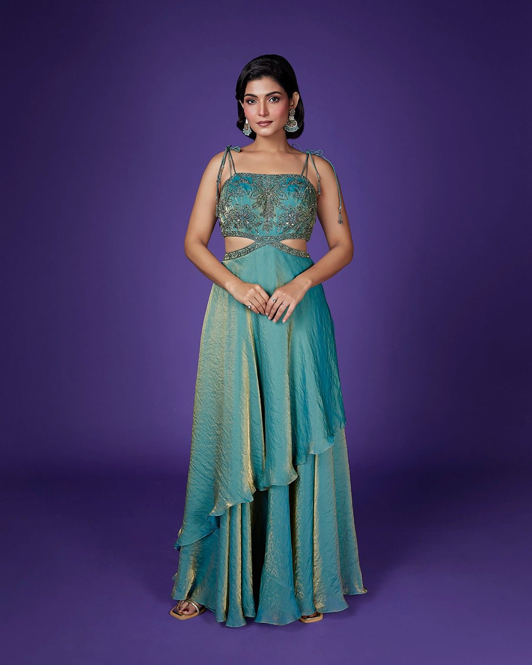 Blue Shimmer Tissue Maxi Gown with Embellished Bodice