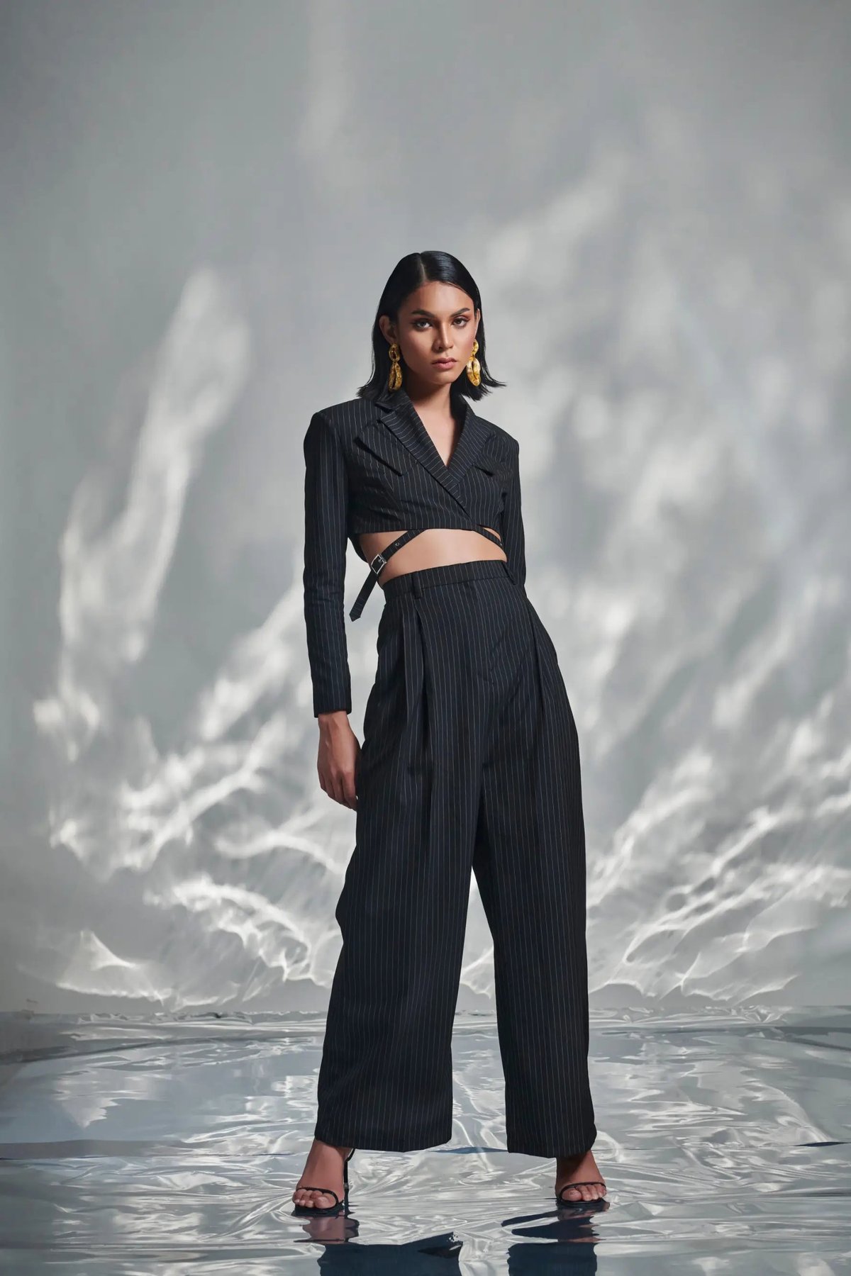 Black Pinstripe Cropped Suiting Blazer with Buckle Detail
