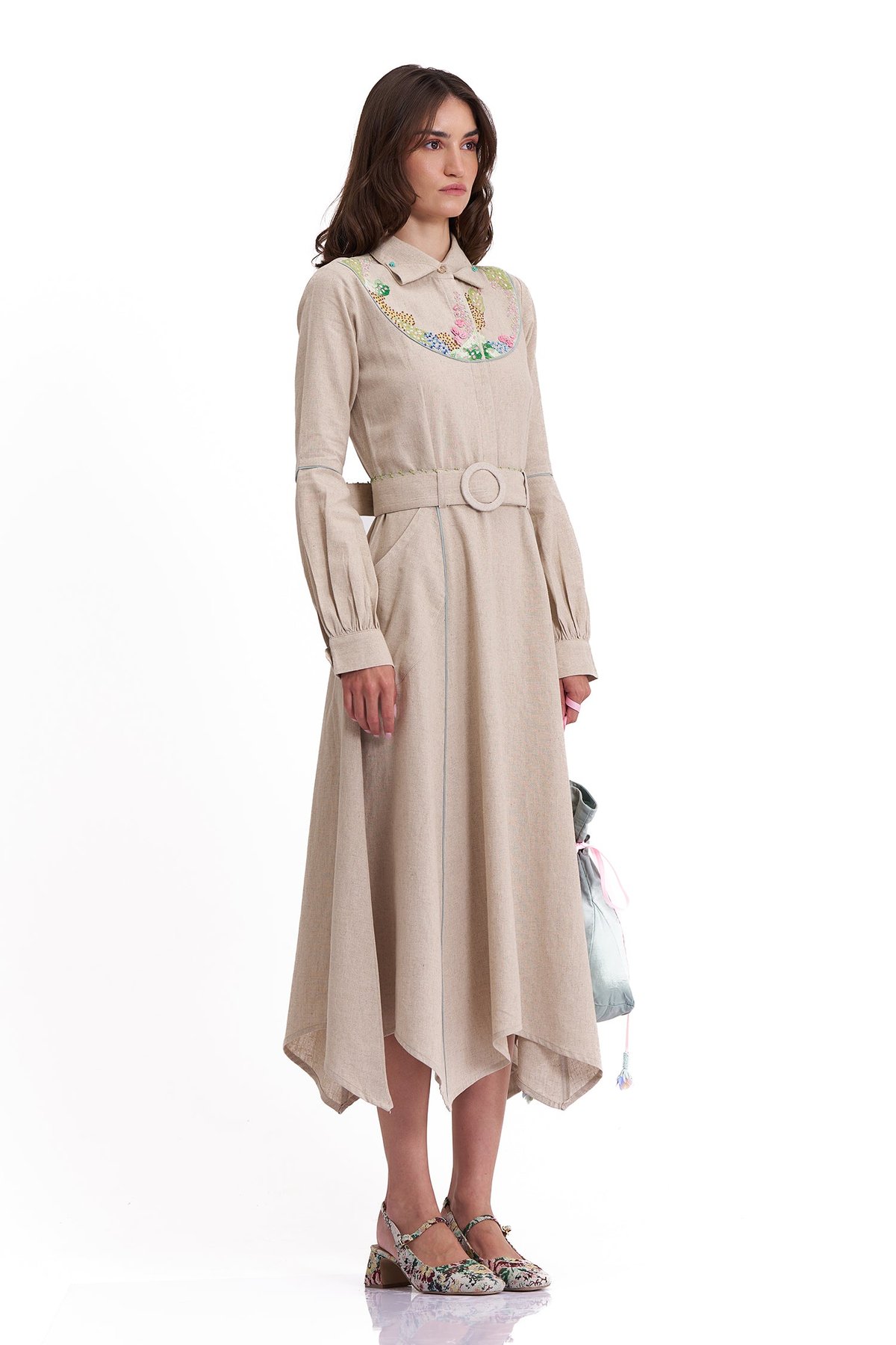Natural Cotton Linen Shirt Midi Dress with Embroidered Yoke