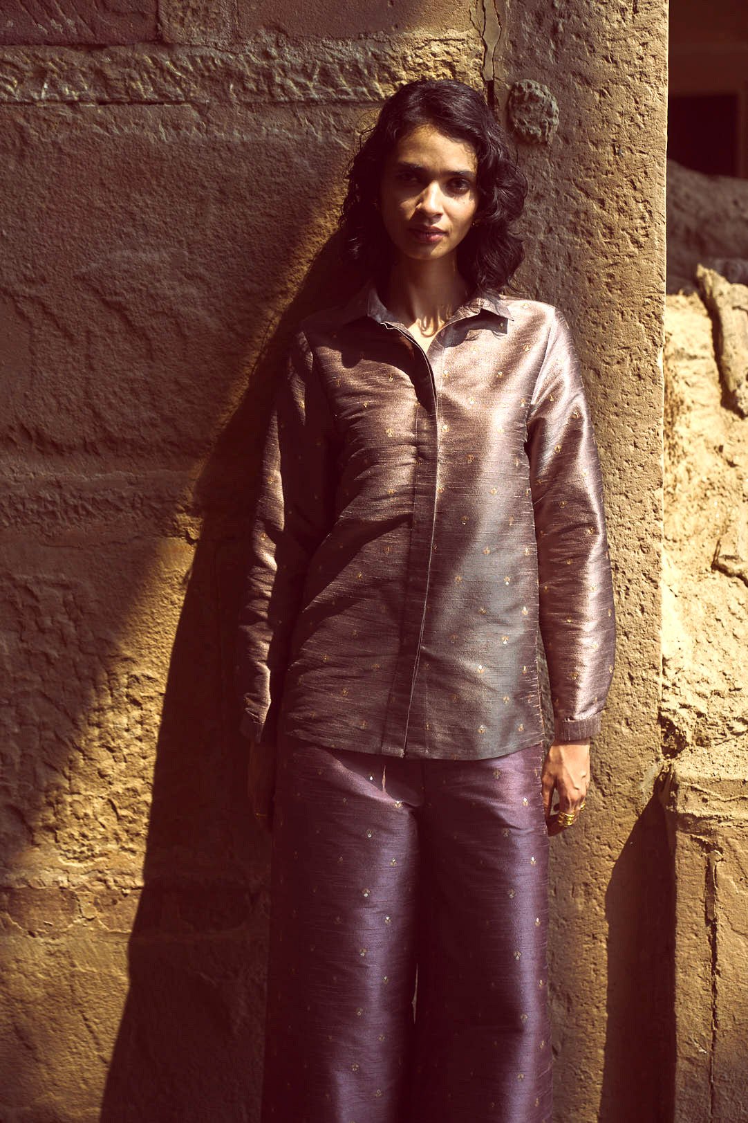 Aubergine Brocade Shirt with Gold Lurex Motifs