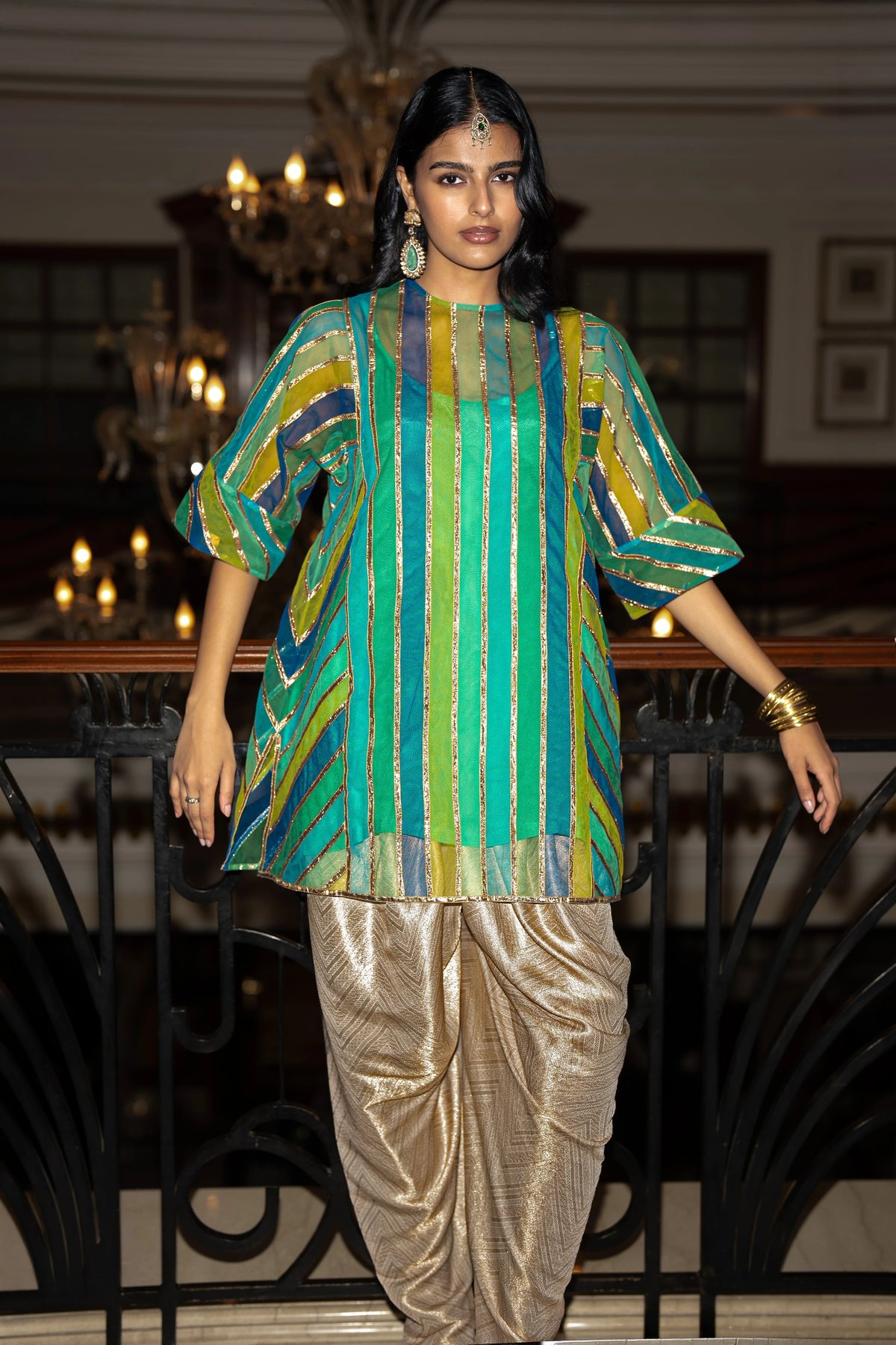 Ribbon Embroidered Striped Boxy Top & Brocade