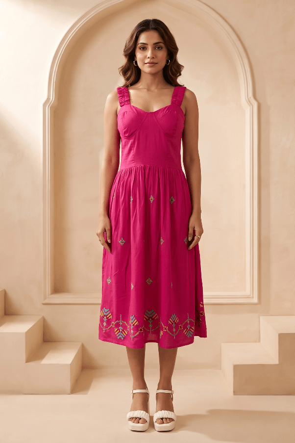 Hot Pink Hue Sculpted Corset Dhari Stitch Form Dress