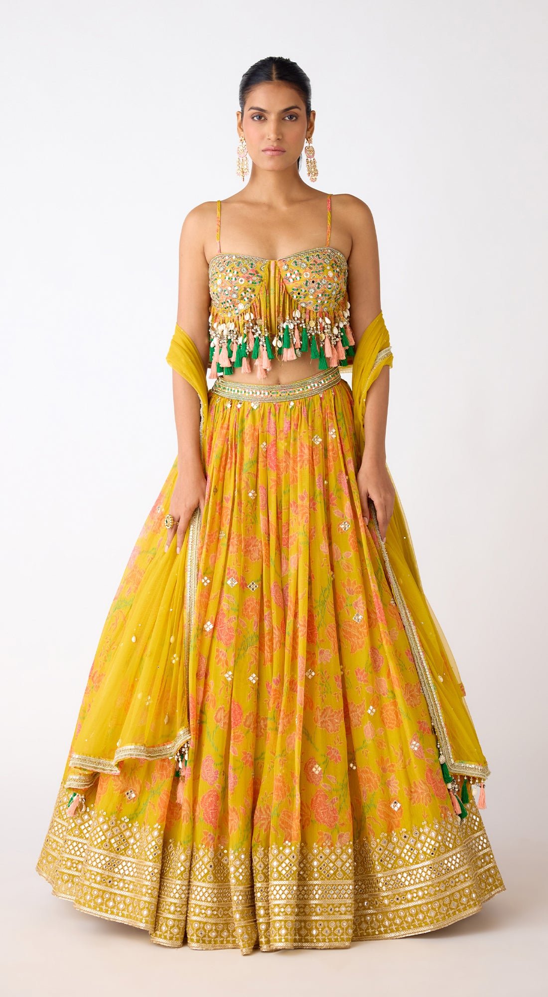Yellow Organza Floral Lehenga Set with Mirror-Work Blouse