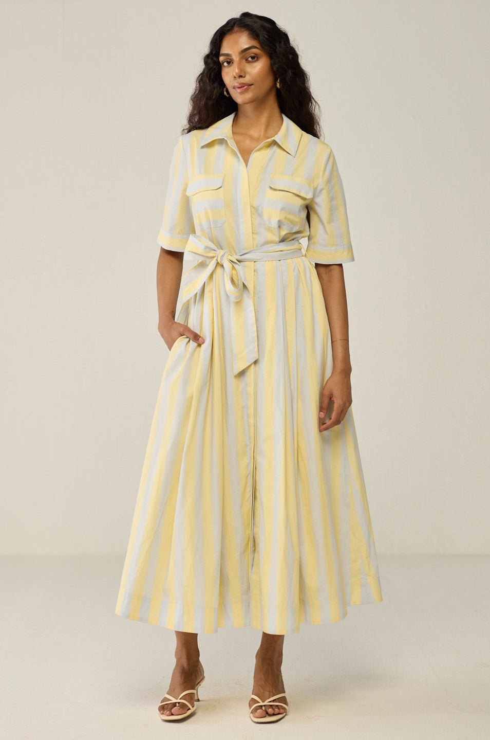 Striped Shirt Dress With A Tie At The Waist