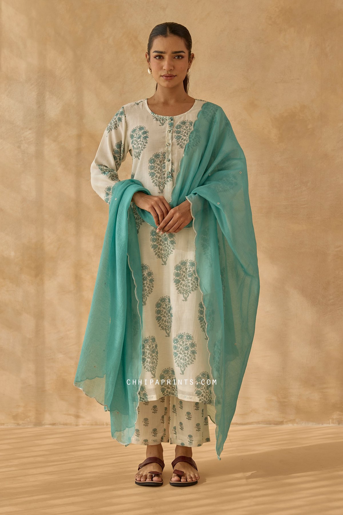 Chanderi Silk Mughal Buta Kurta Set in Rama Green