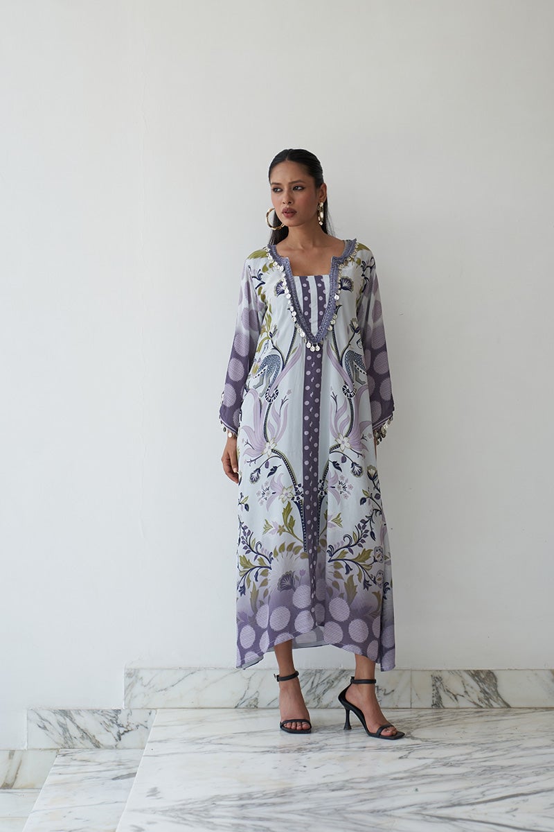 Lavender Printed A-Line Kaftan with Mirror Tassel Neck