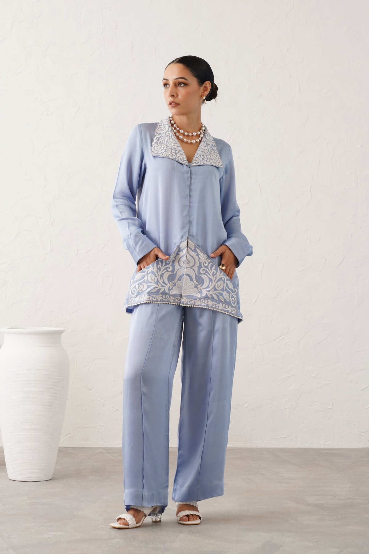 Blue Satin Embroidered Shirt and Wide-Leg Co-ord Set