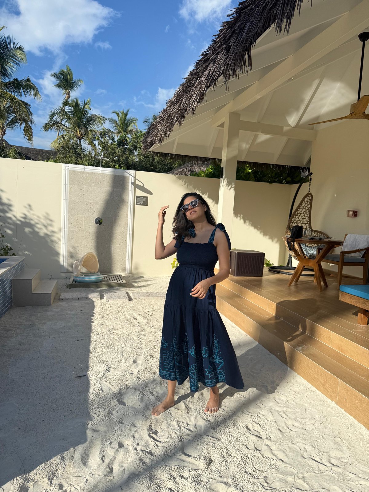 Blue Smocked Tiered Midi Dress with Embroidered Ties