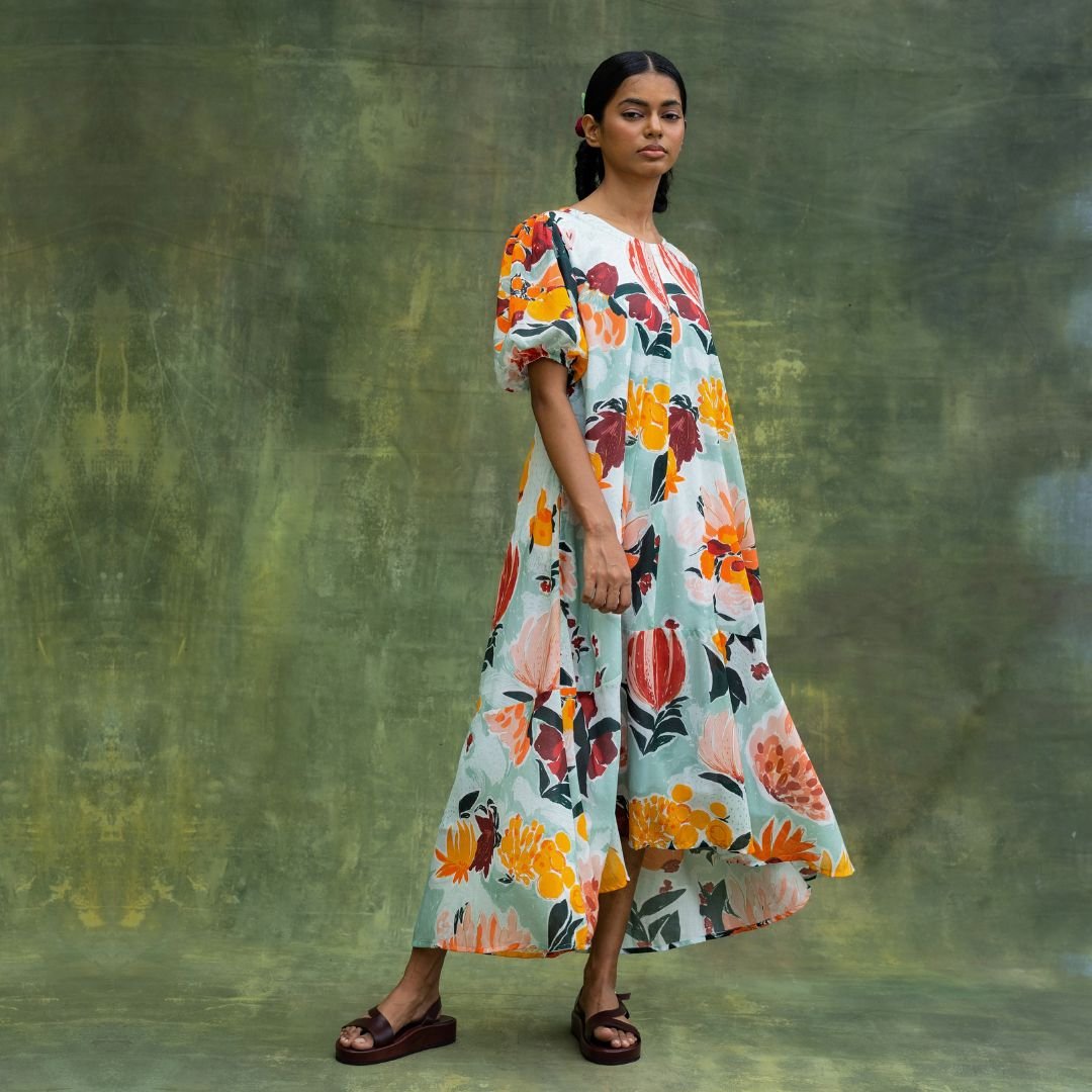 Multicolor Floral A-Line Midi Dress with Puff Sleeves