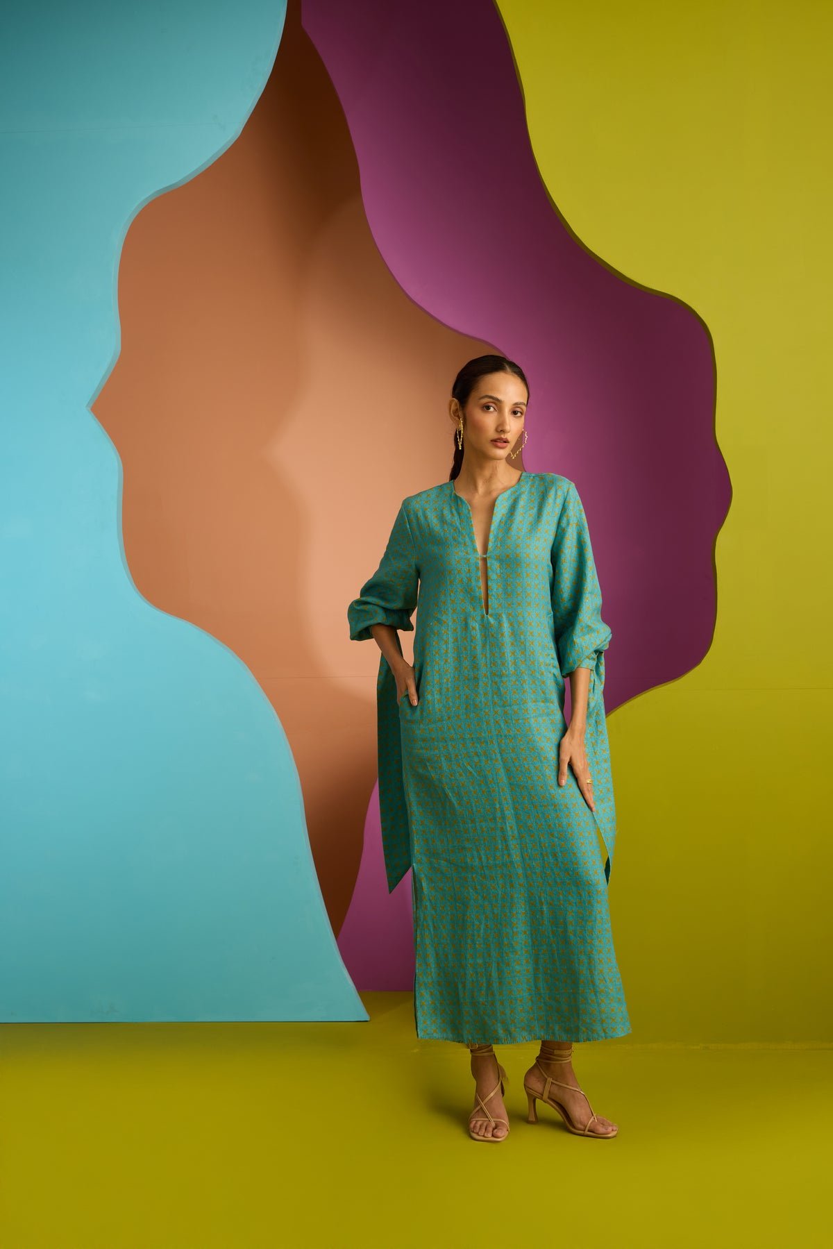 Teal Printed Linen Maxi Tunic Dress with Tie-Up Cuffs