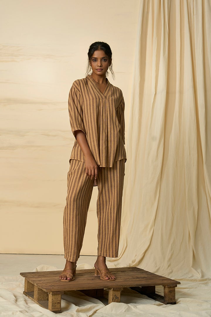 Beige Brown Striped Kala Cotton Pull-On Trousers