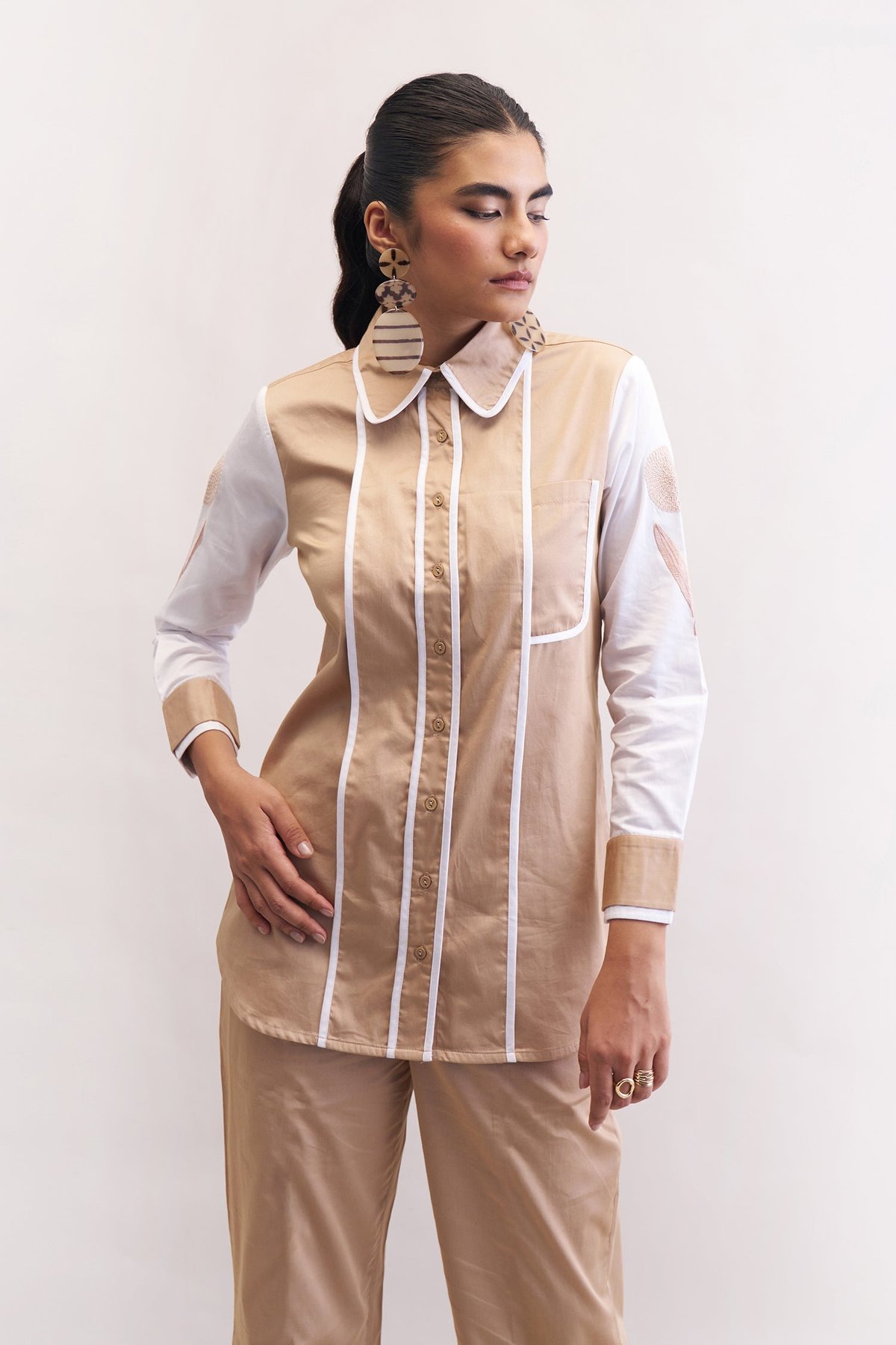Khaki and White Colorblock Cotton Satin Shirt