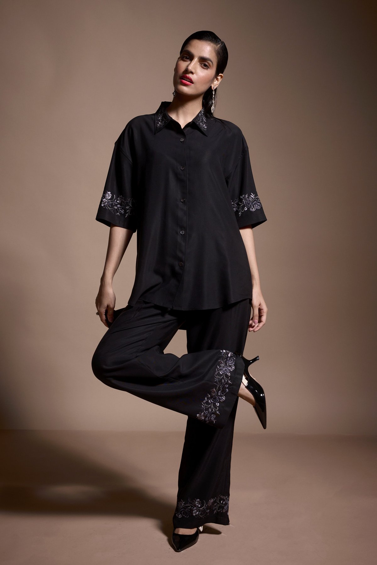 Black Tencel Wide-Leg Trousers with Tonal Hem Embroidery