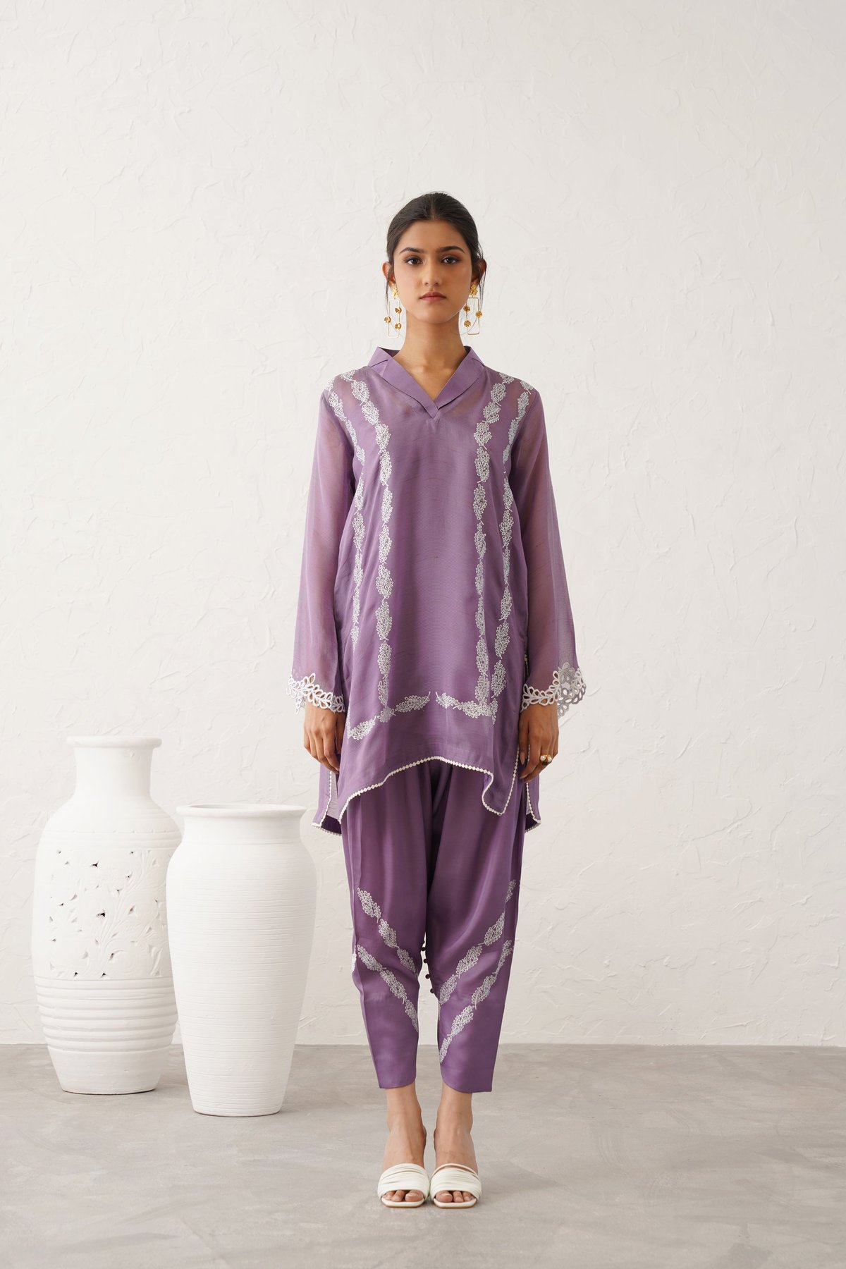 Dirty Purple Embroidered Georgette Kurta Set (3-Piece)
