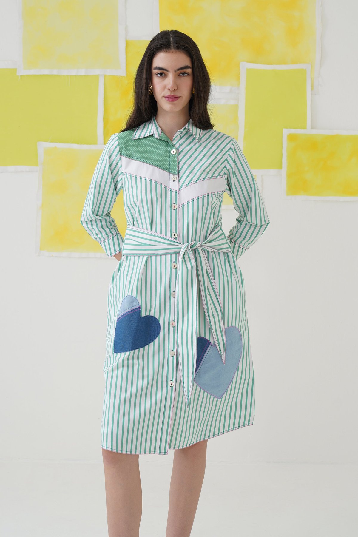 White/Green Striped Midi Shirt Dress with Denim Heart Patches