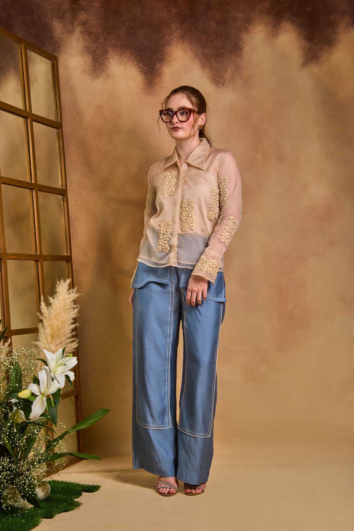 Cream Organza Applique Shirt and Blue Pants Co-ord Set