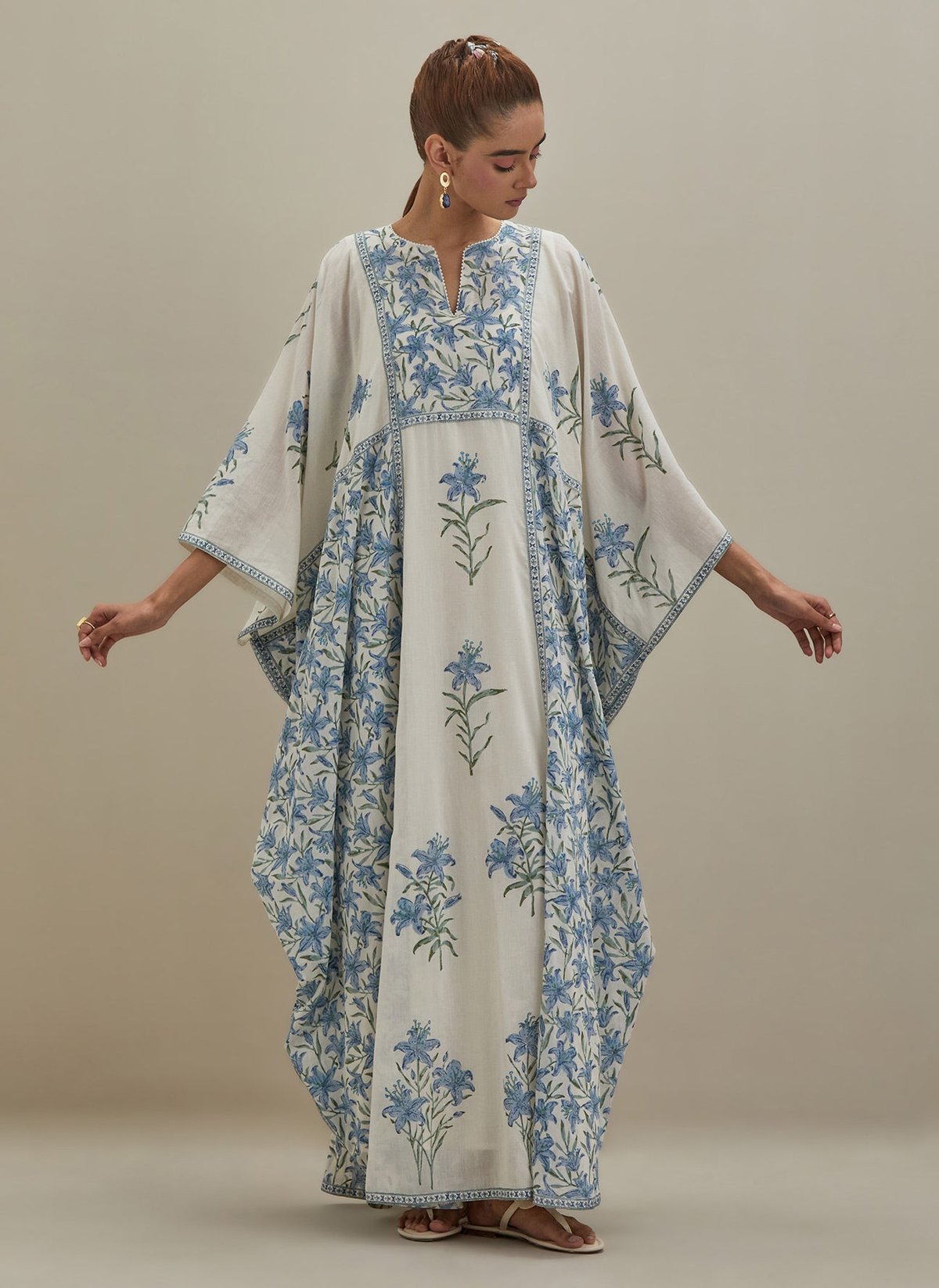 Off White Cotton Kaftan Block Print